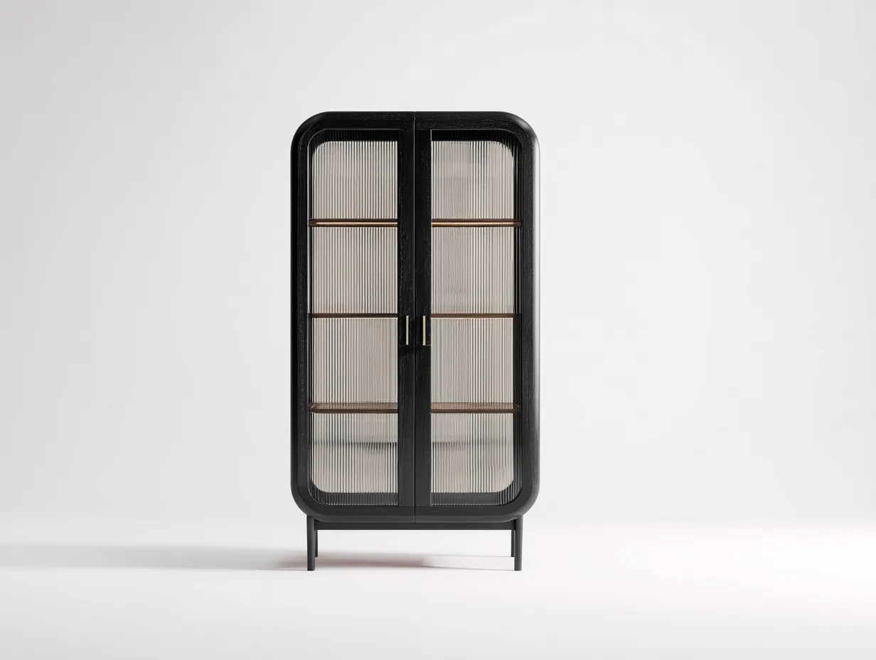 Vitrina de roble negro con cristal acanalado 90x42x190 cm - negro y marrón nogal - para comedor - diseño curvo contemporáneo-Vanaospace