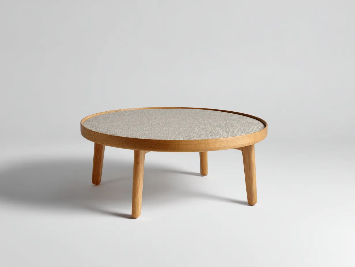 Mesa Auxiliar redonda 92x92x34 cm - superficie gris claro con textura fina - canto de madera roble-Vanaospace