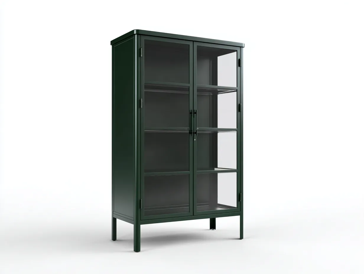 Vitrina de metal verde oscuro con cristal liso 92x40x182 cm - verde oscuro y transparente - para comedor - almacenaje elegante minimalista-Vanaospace
