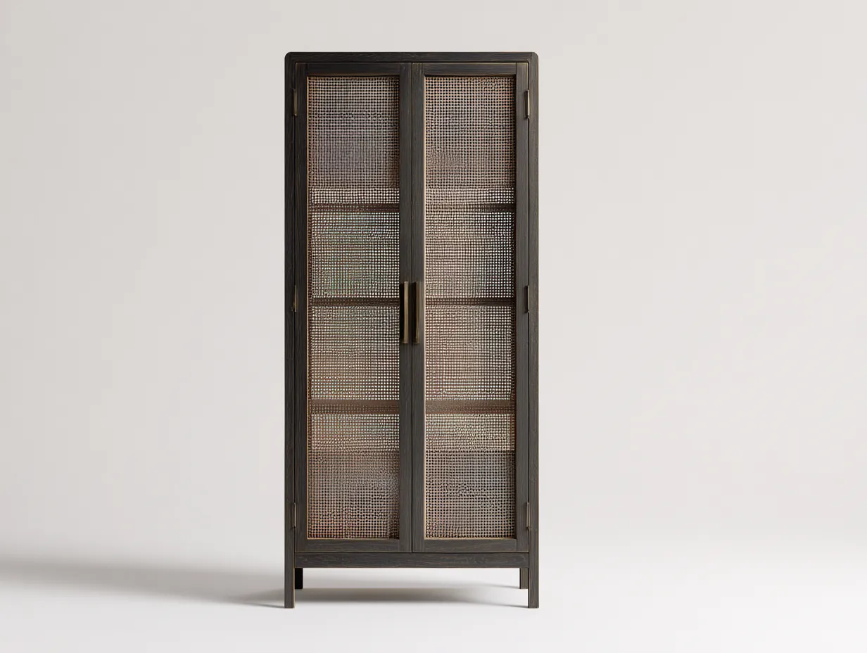 Vitrina de madera oscura con rejilla frontal 86x40x188 cm - marrón oscuro y negro - para comedor - estilo natural contemporáneo-Vanaospace