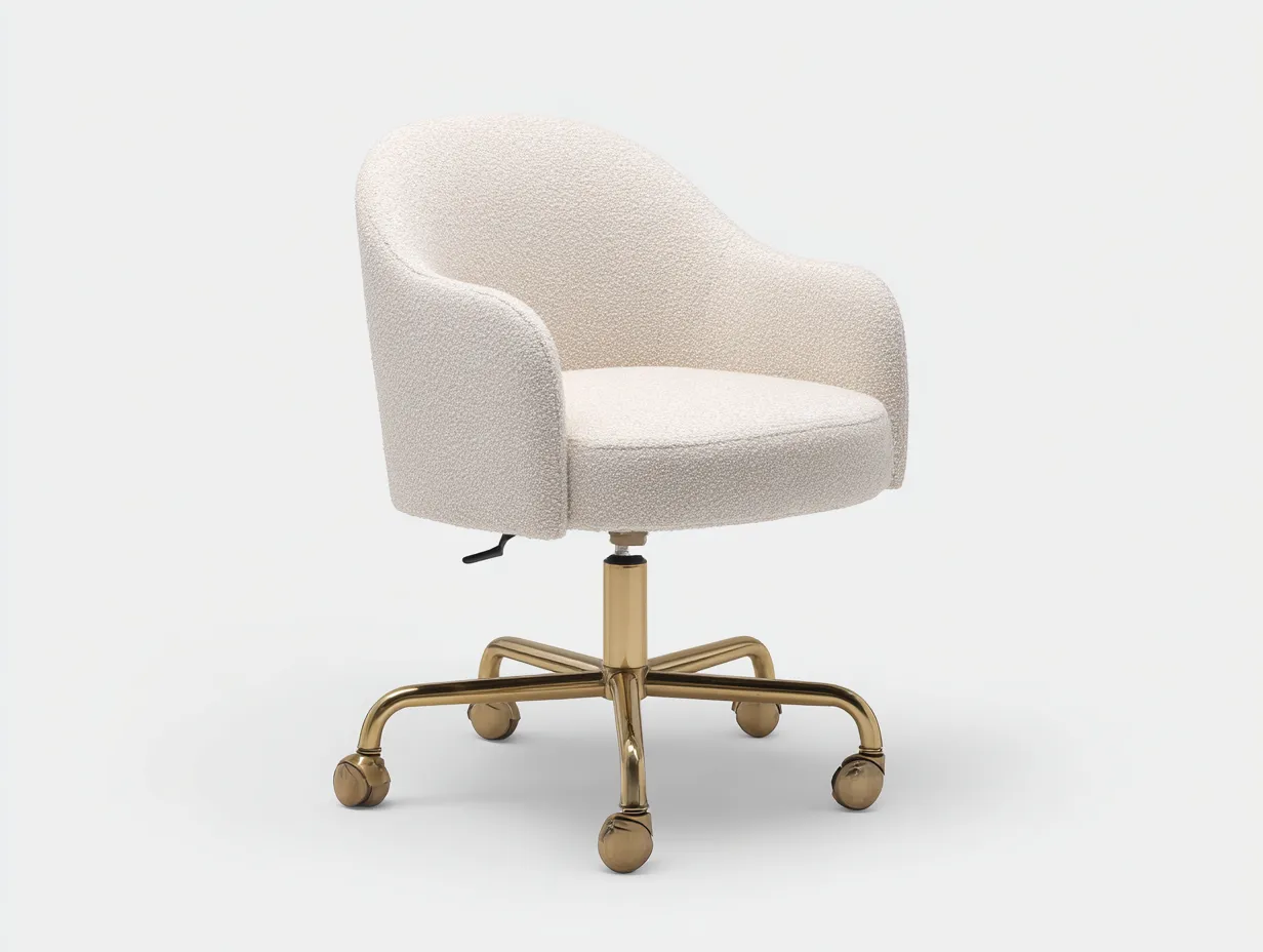 Silla De Oficina 63x62x84 cm - bouclé crema y dorado - giratoria con brazos curvos para zona de trabajo-Vanaospace