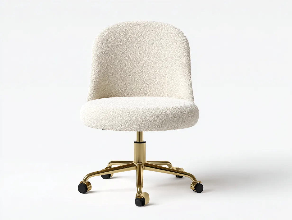 Silla De Oficina 57x59x83 cm - bouclé blanco crema y dorado - con base móvil para escritorio elegante-Vanaospace