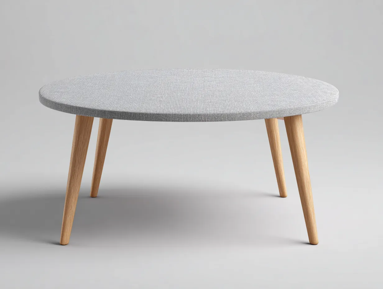Mesa Auxiliar baja 98x98x35 cm - tapa gris perla redonda - patas robustas de madera clara-Vanaospace