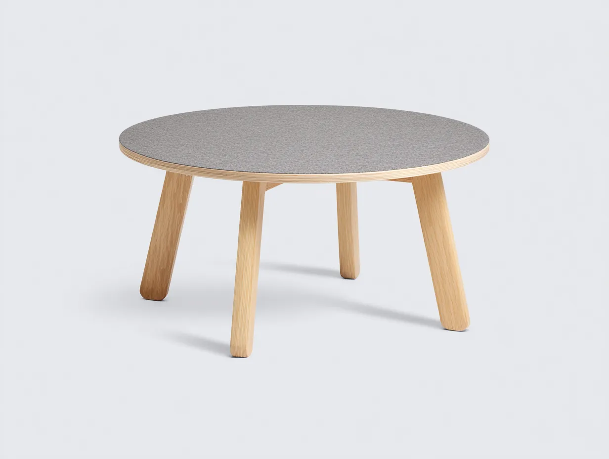 Mesa Auxiliar baja 88x88x34 cm - tablero redondo gris - patas cilíndricas de madera para salón-Vanaospace