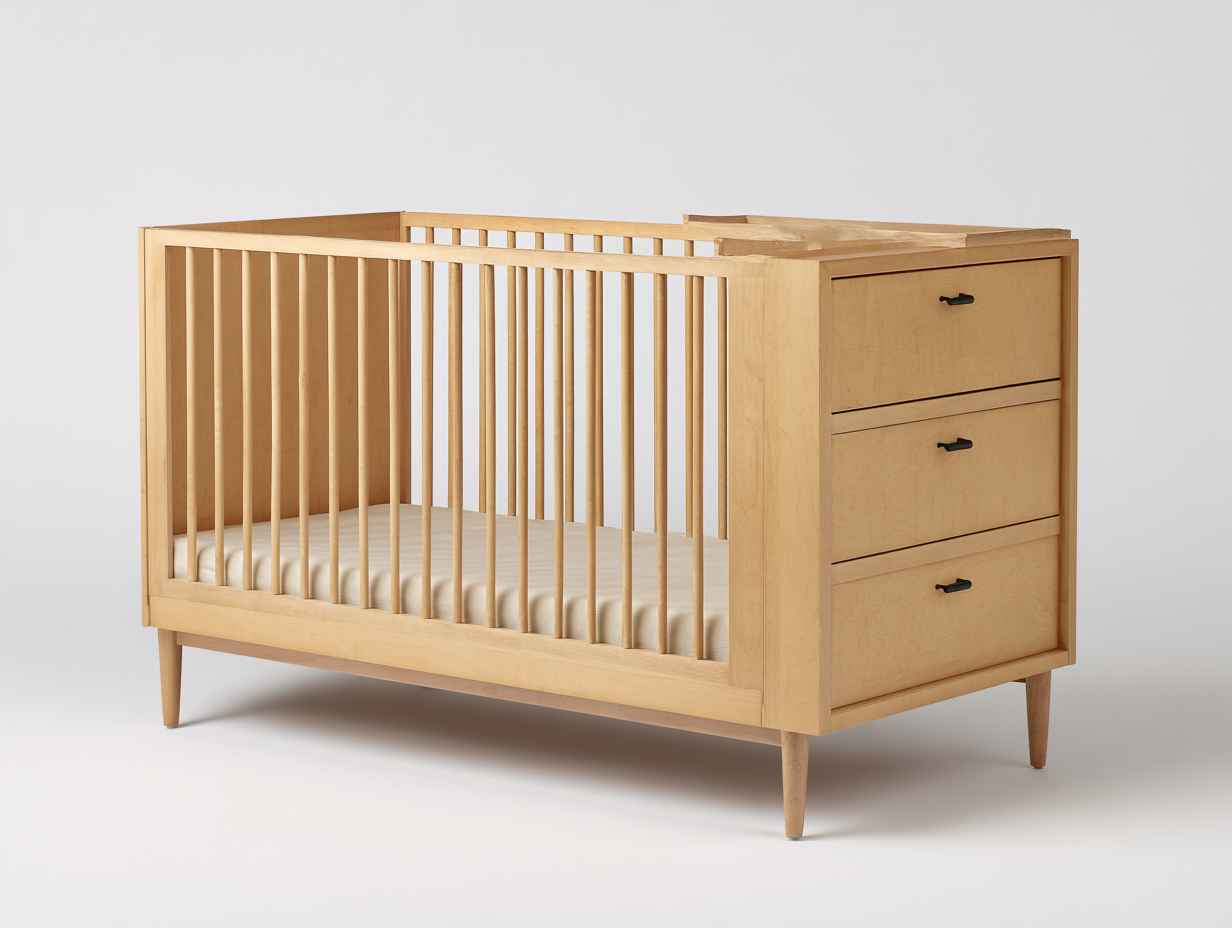 Cuna para bebé - madera maciza con cajonera lateral 120x60x92 cm - color madera natural - diseño multifuncional con almacenamiento-Rarihanest