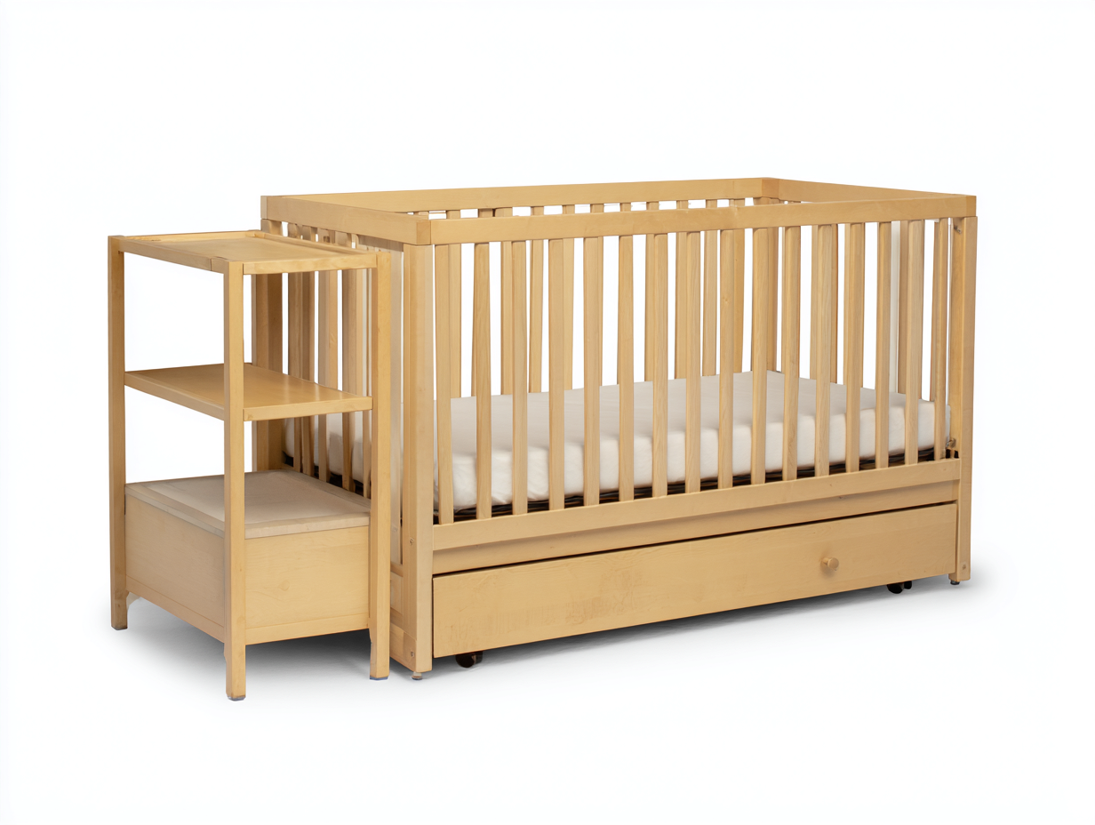 Cuna para bebé - madera maciza con estantería lateral y cajón 130x70x95 cm - color madera natural - diseño multifuncional con almacenamiento-Rarihanest