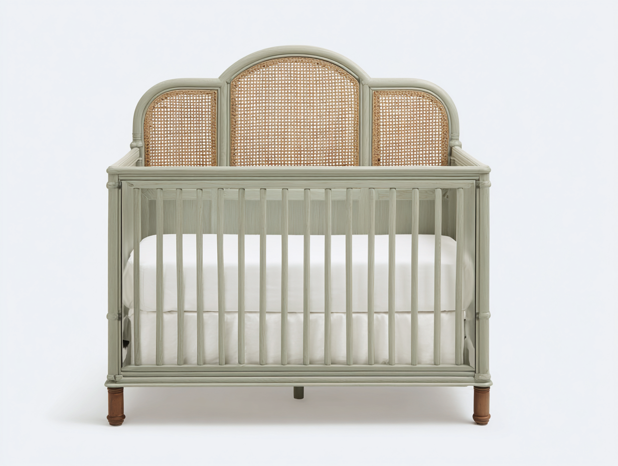 Cuna para bebé - madera maciza con paneles de ratán 125x65x98 cm - verde claro y natural - diseño clásico ventilado-Rarihanest
