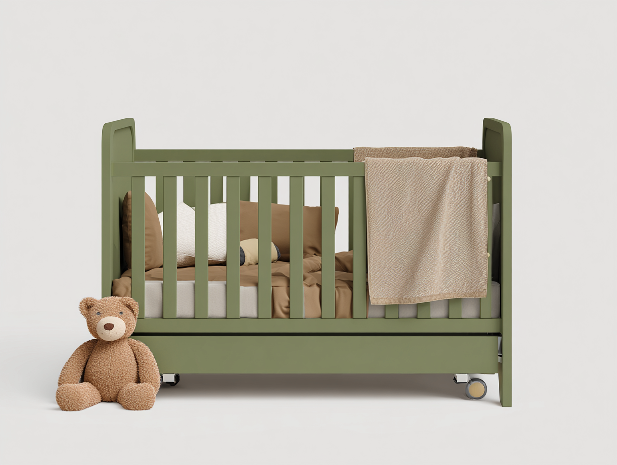 Cuna para bebé - madera con ruedas y base ajustable 120x60x85 cm - color verde - diseño funcional con movilidad-Rarihanest