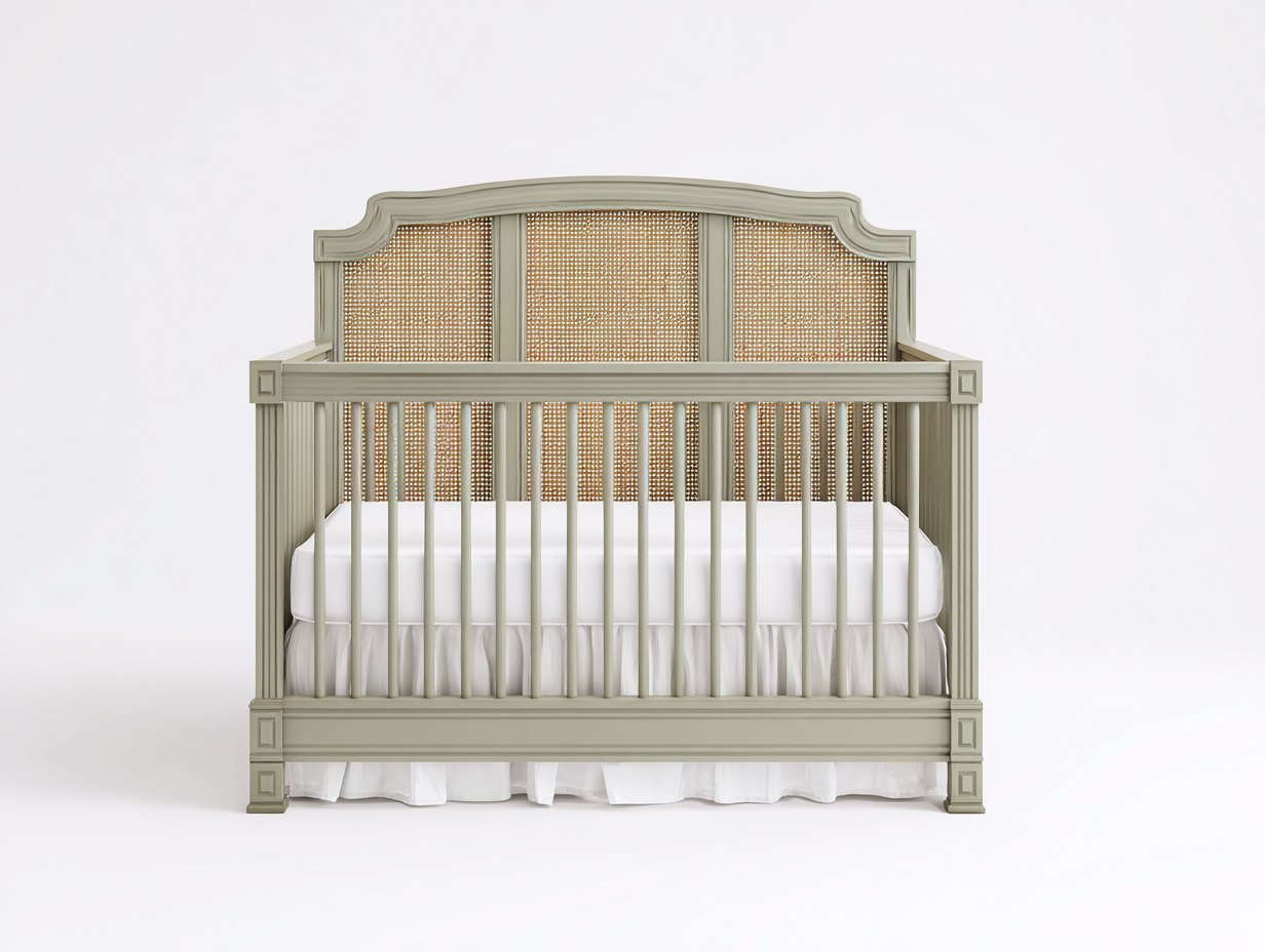 Cuna para bebé - madera maciza con panel de ratán 125x65x100 cm - verde claro y natural - estilo clásico elegante-Rarihanest
