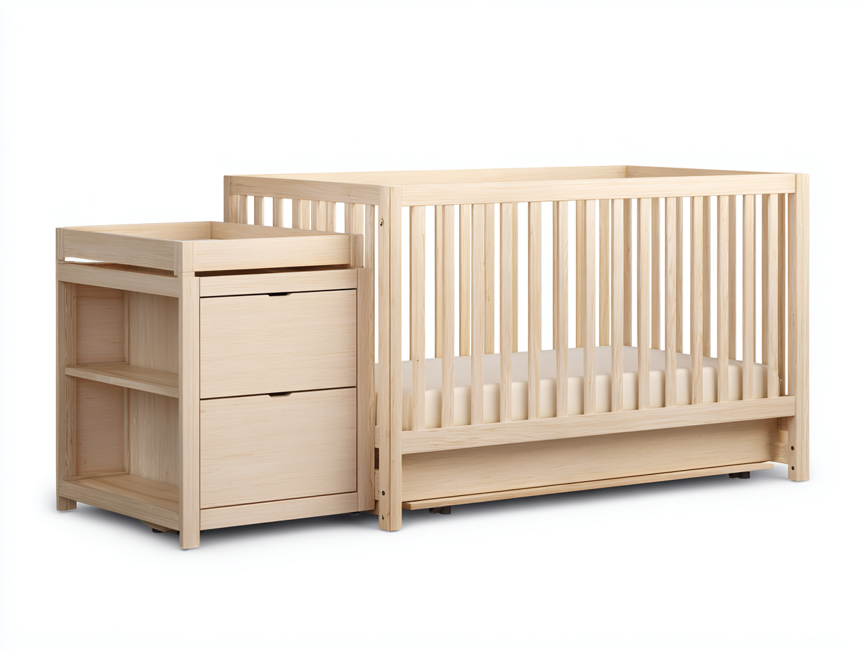 Cuna para bebé - madera maciza con cambiador y almacenamiento 125x65x95 cm - color madera natural - diseño multifuncional para interior-Rarihanest