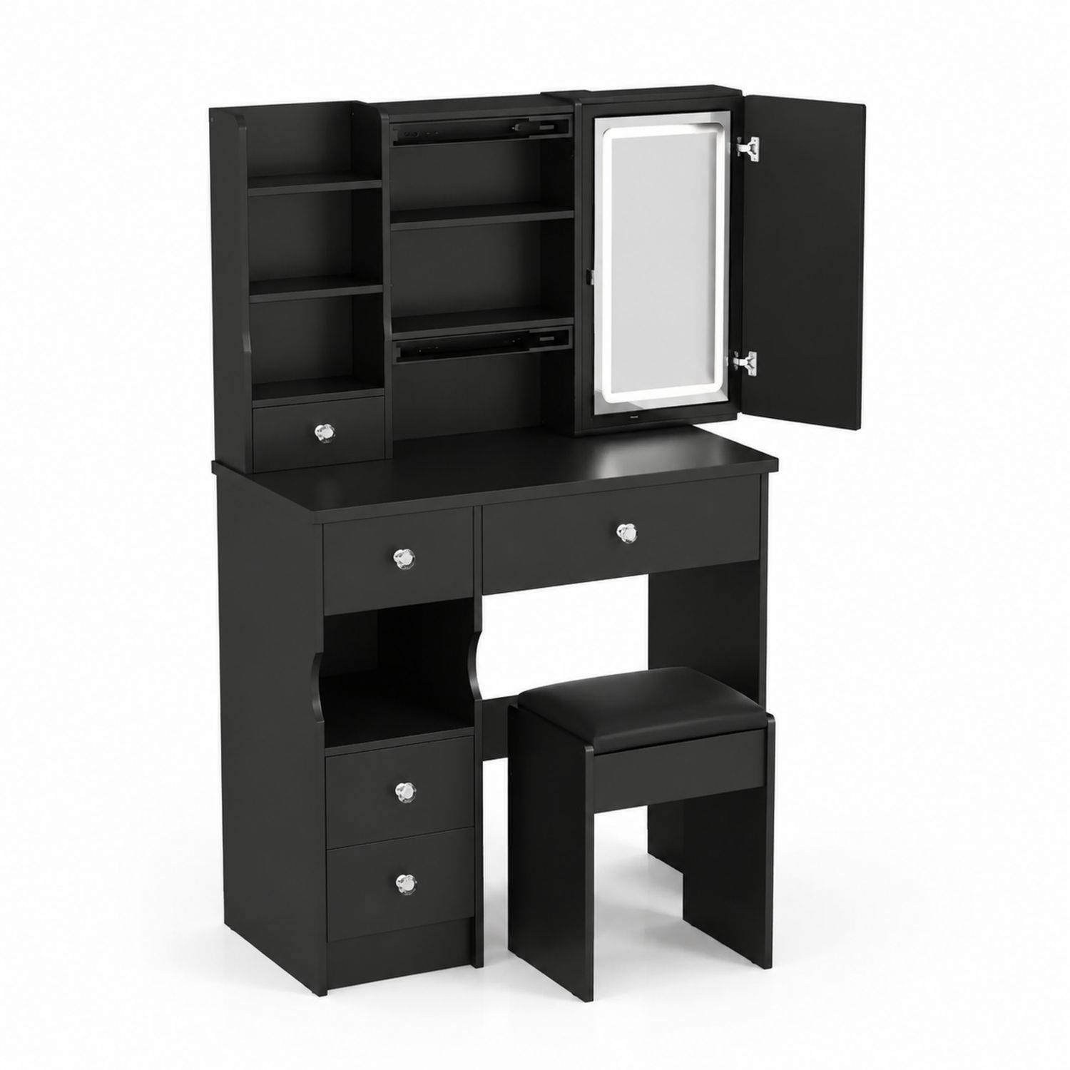 Czarna toaletka z lustrem LED, MDF i skóra syntetyczna-Raumstilcraft