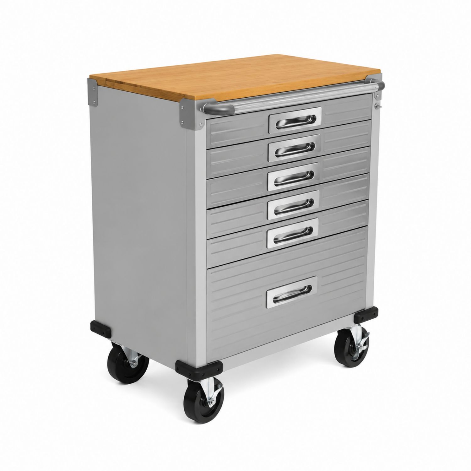 Metalowa szafka z 7 szufladami i drewnianym blatem, Srebrna, 90x60x40 cm-Raumstilcraft