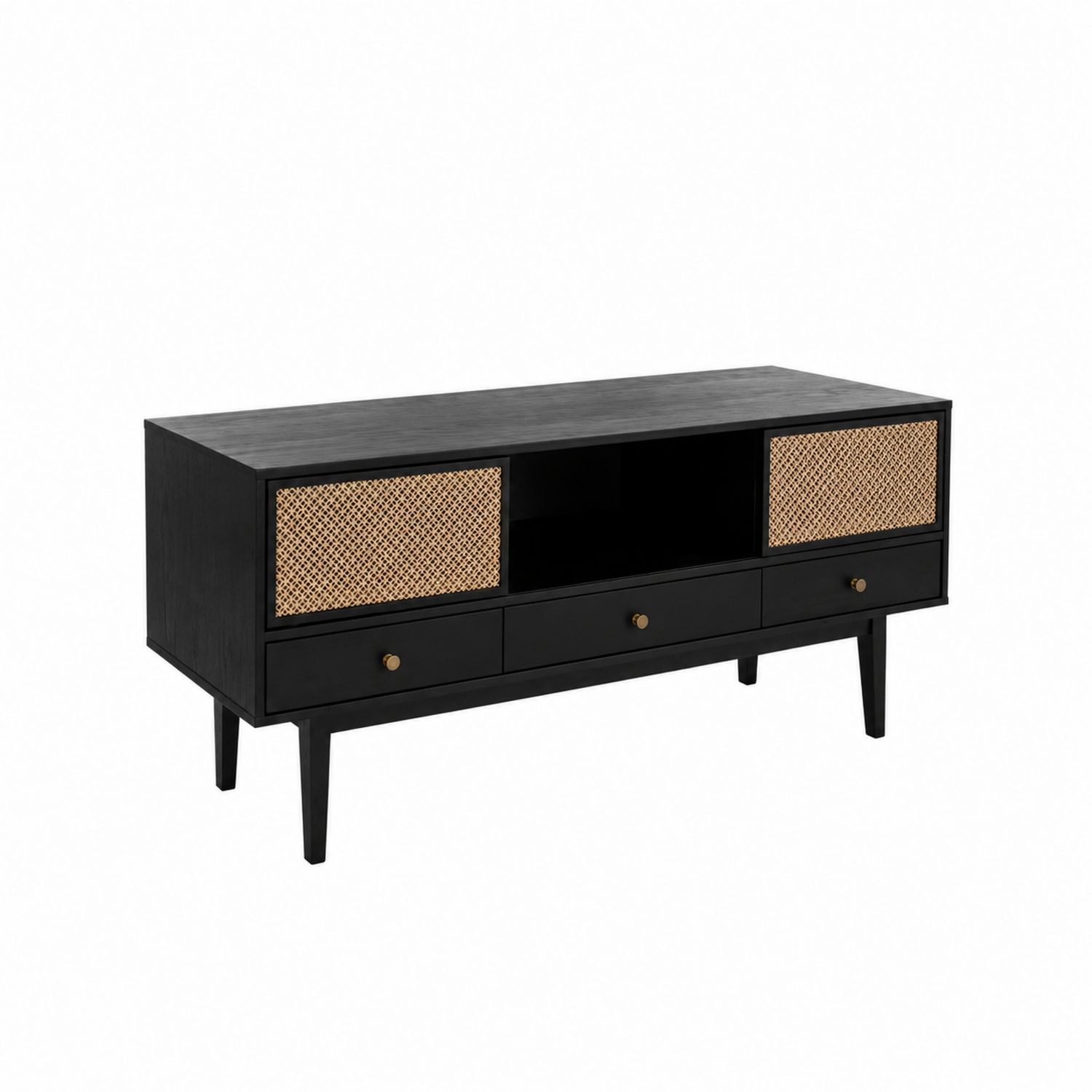 Szafka RTV drewniana z rattanowymi panelami 120x40x50 cm Czarny i Naturalny