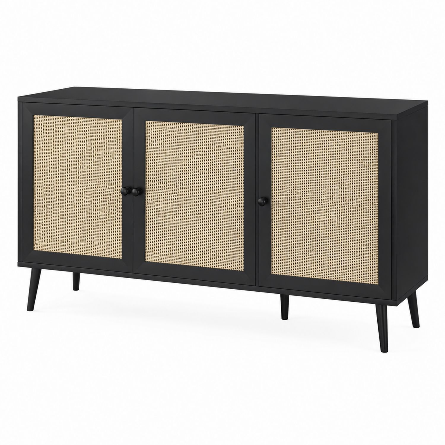 Szafka czarna z trzema drzwiami z rattanu i MDF 120x40x75 cm