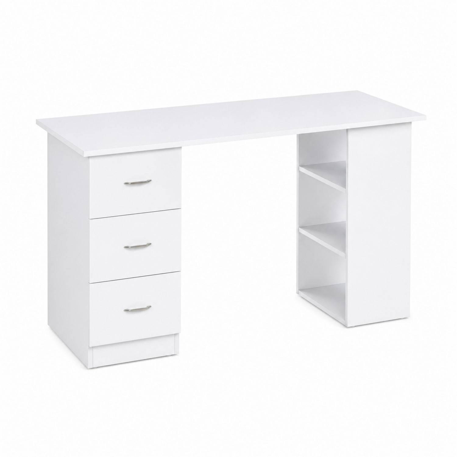 Biurko z płyty wiórowej z trzema szufladami i półkami białe 120x50x74 cm