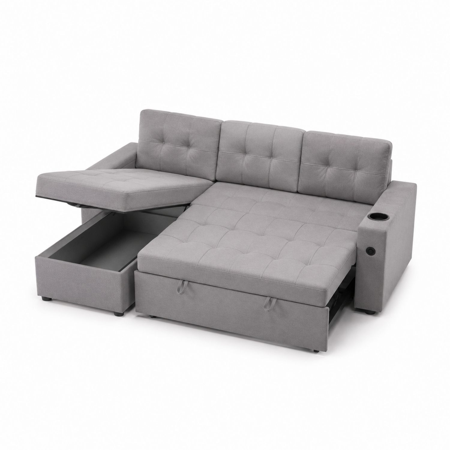 Sofa narożna rozkładana z funkcją przechowywania tkanina Szara 250x150x90 cm