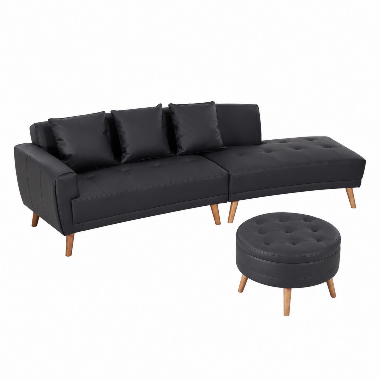 Sofa narożna z podnóżkiem ze skóry ekologicznej, czarna