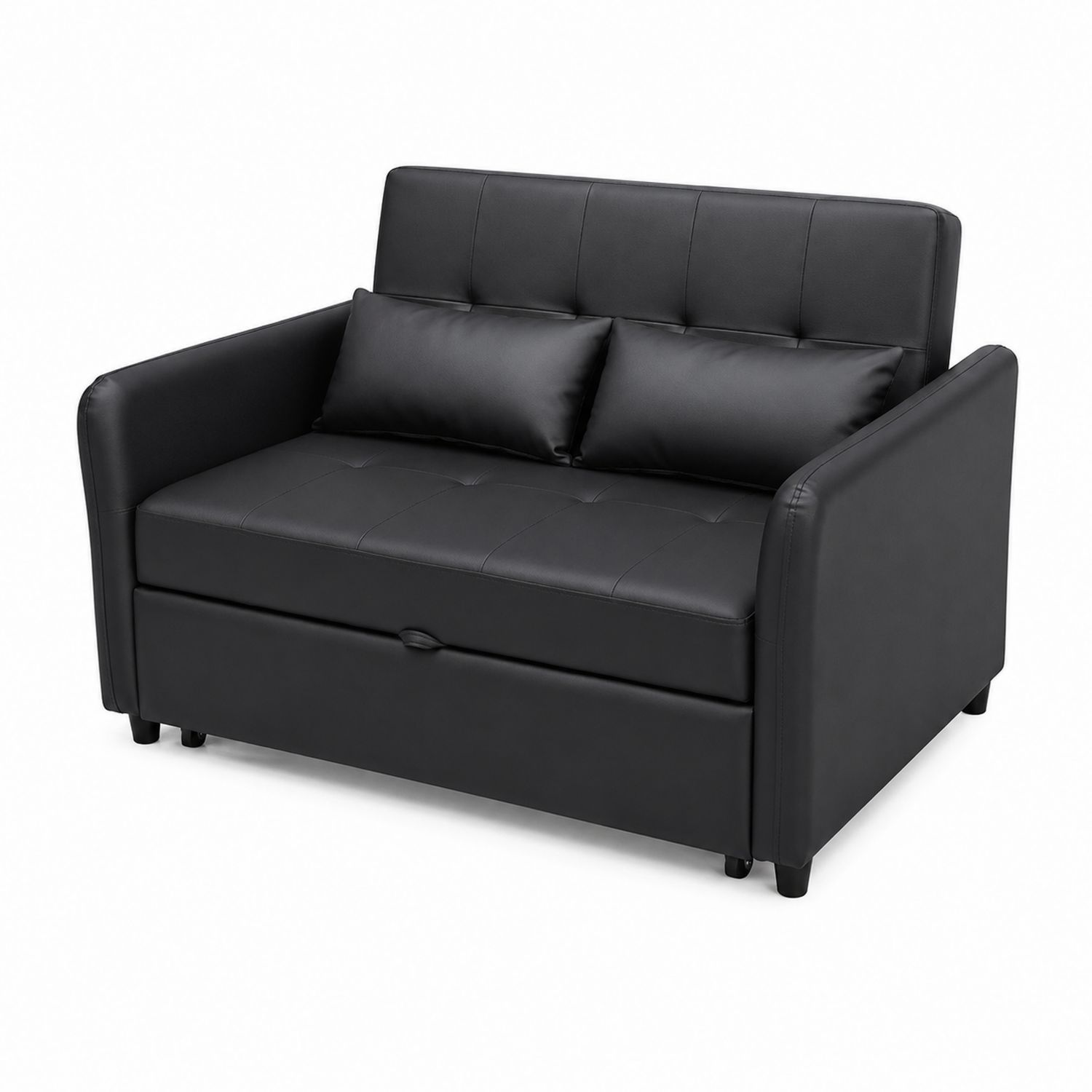 Czarna sofa rozkładana ze skóry ekologicznej z poduszkami