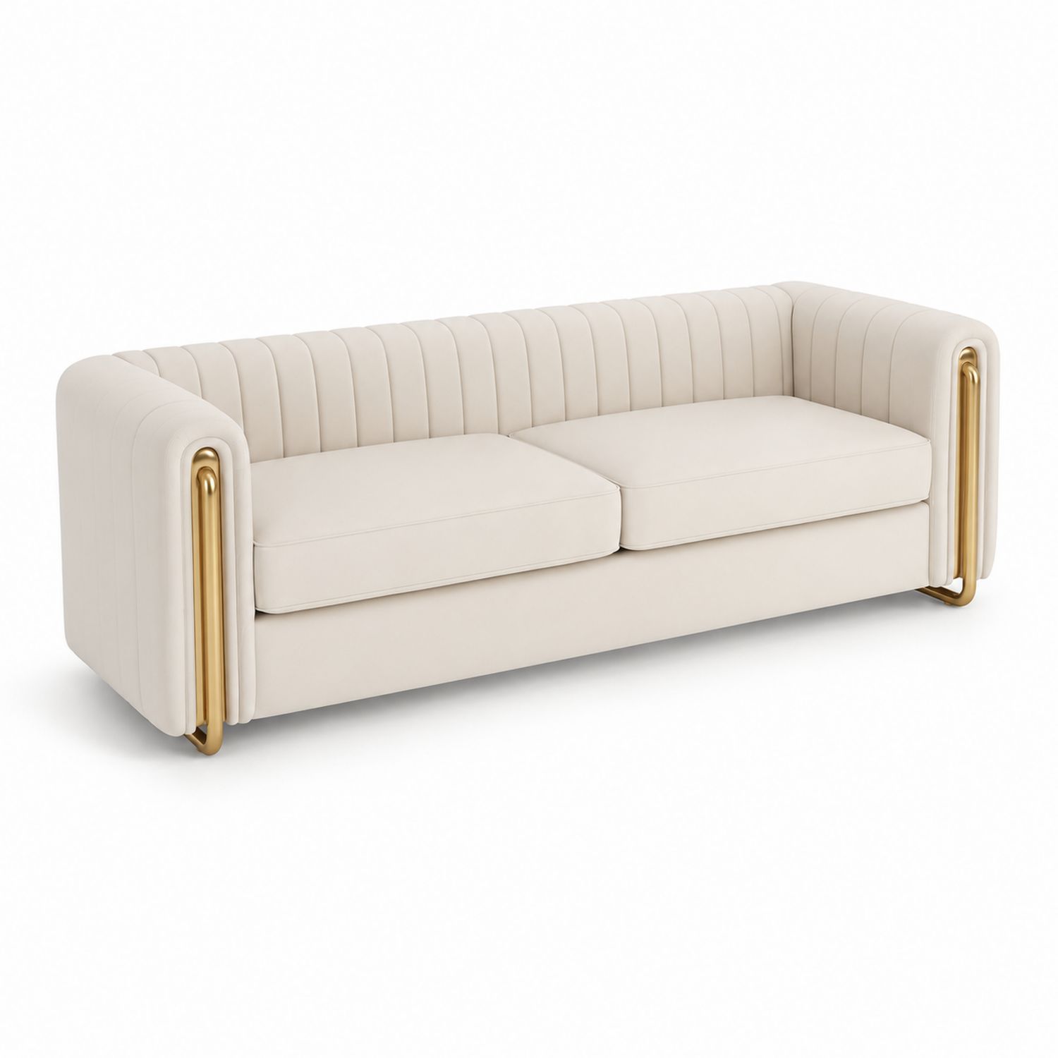 Sofa trzyosobowa kremowa tkanina z metalowymi elementami