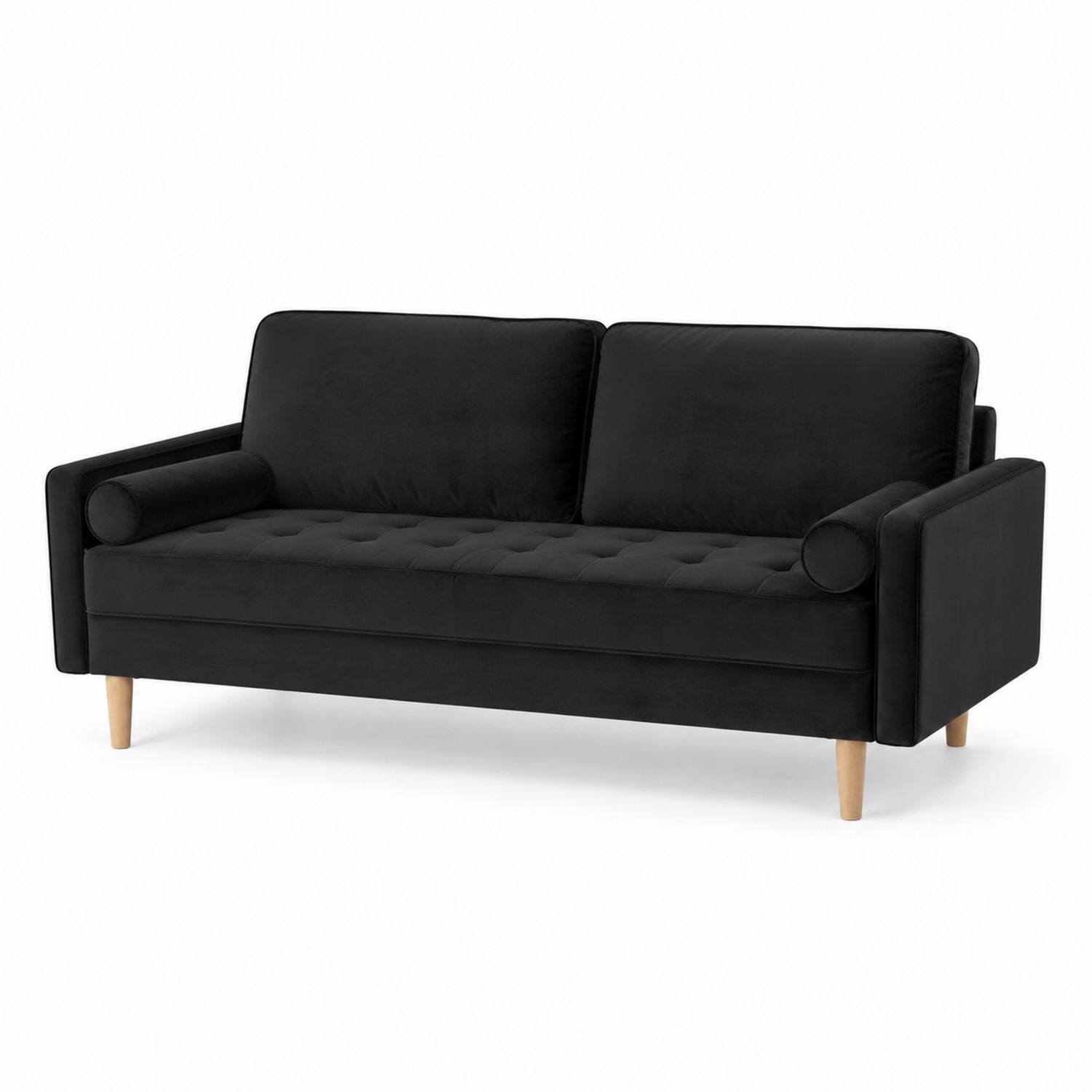 Sofa trzyosobowa z weluru czarny z drewnianymi nogami-Nerlidor