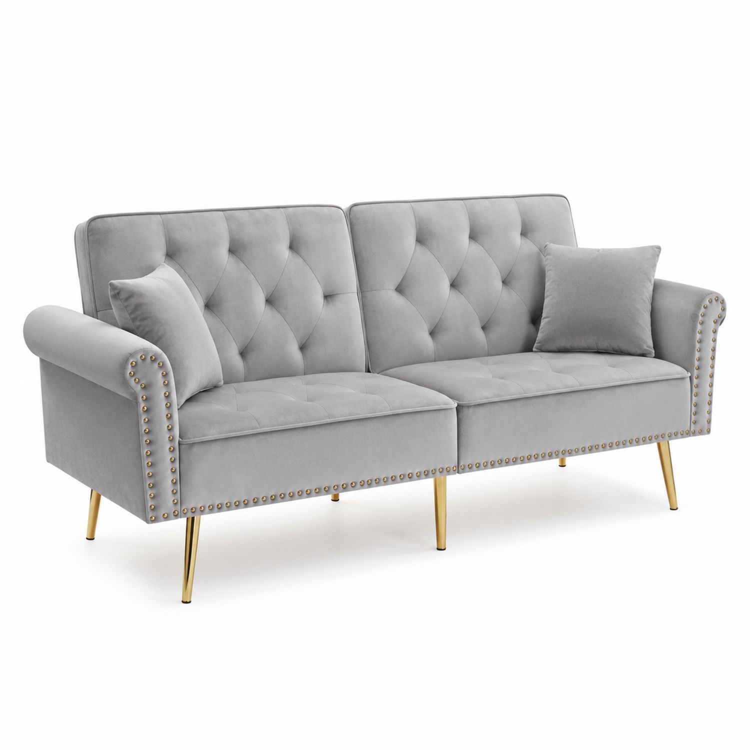 Aksamitna Szara Sofa Trzyosobowa z Metalowymi Nóżkami-Nerlidor