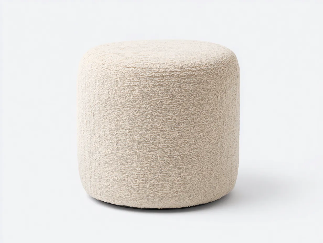 Fußbank Bouclé Stoff 42x42x45 cm - Cremeweiß - für Wohnzimmer im weichen Runddesign-Havoraminest