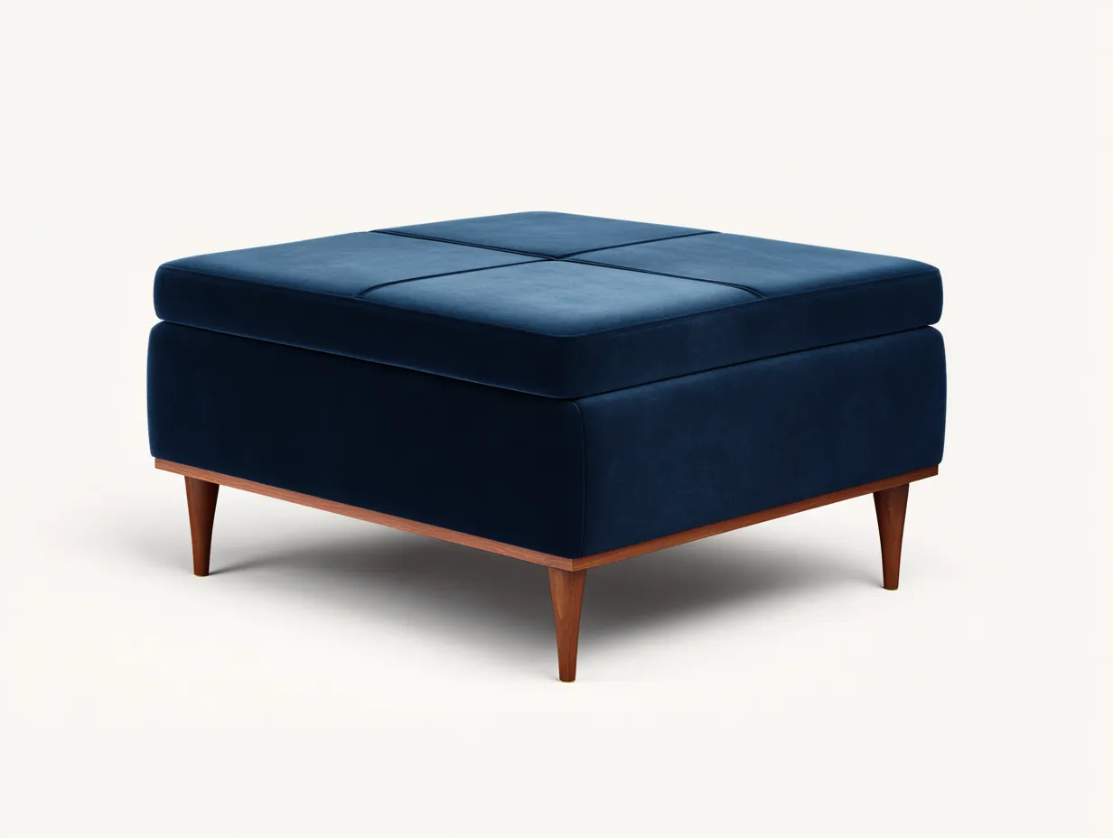 Fußbank Samtstoff 60x60x42 cm - Dunkelblau und Braun - für Wohnzimmer mit gepolsterter Sitzfläche-Havoraminest
