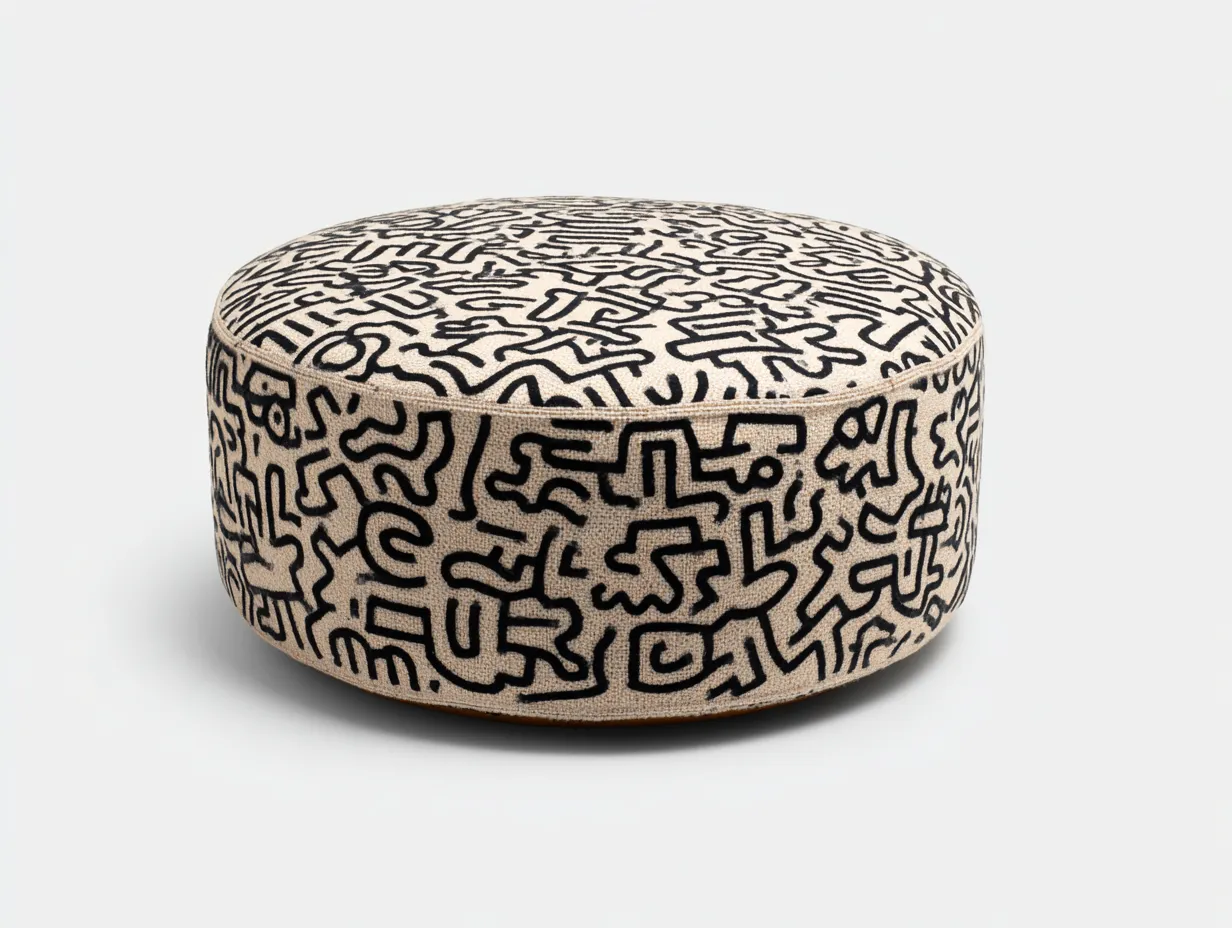 Fußbank Stoff 65x65x36 cm - Beige und Schwarz - für Wohnzimmer im grafischen Runddesign-Havoraminest