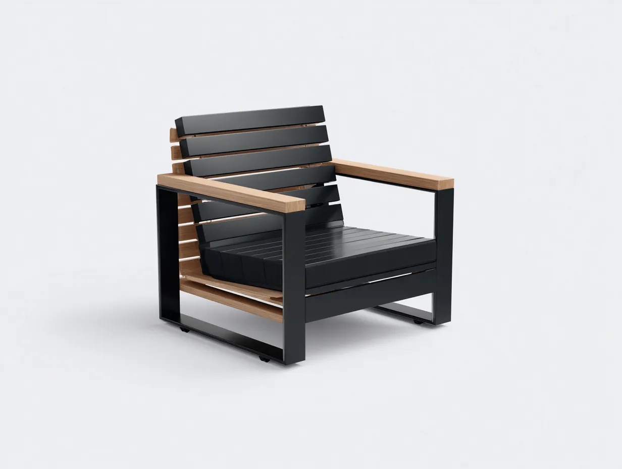 Loungesessel aus Metall und Holz 78x75x79 cm - Schwarz und Natur - für Terrasse und Garten mit flacher Leistenoptik-Sanorihome