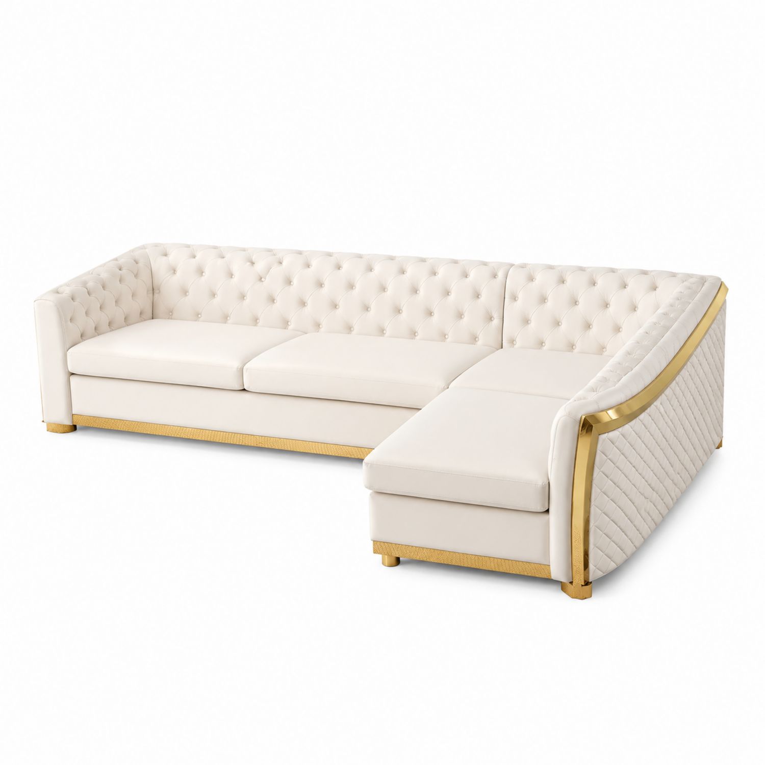 Sofa narożna L z ekoskóry Biała ze złotymi akcentami 300x250cm