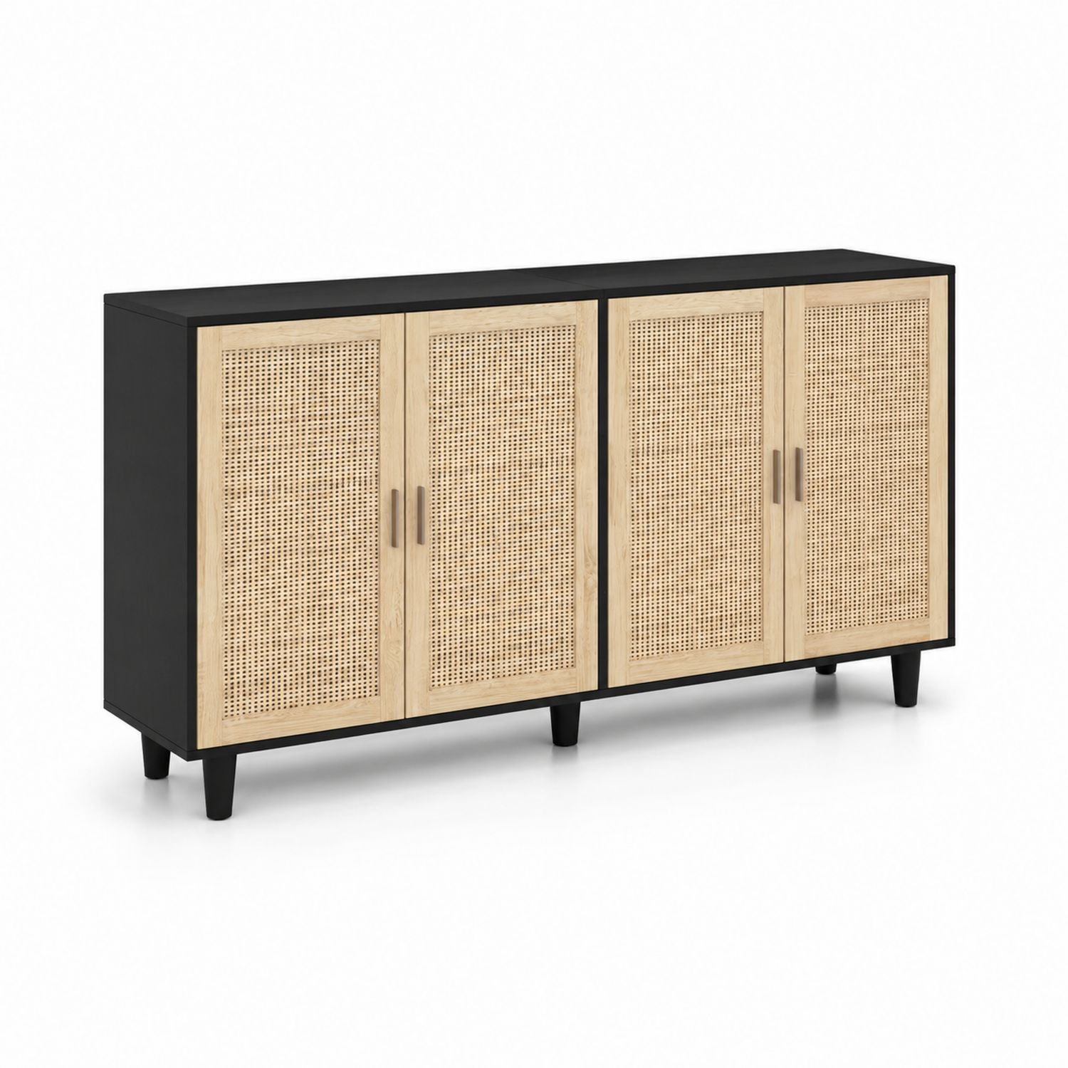 Szafka drewniana z MDF i rattanu 160x40x70 cm Czarny/Bambusowy