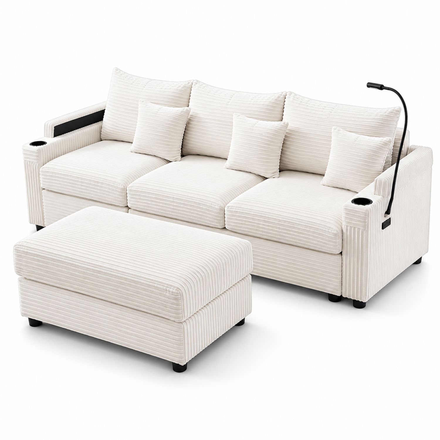 Sofa narożna z sztruksu z podnóżkiem i lampką LED, Kremowa-novarvex