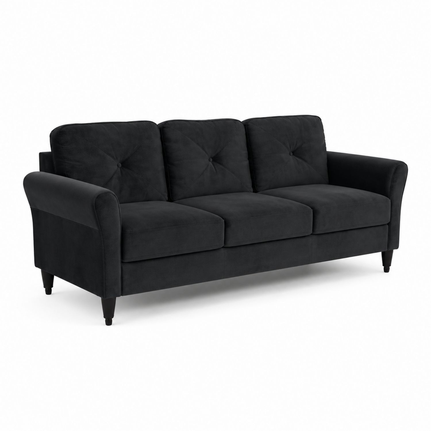 Sofa trzyosobowa z weluru czarna z drewnianymi nogami