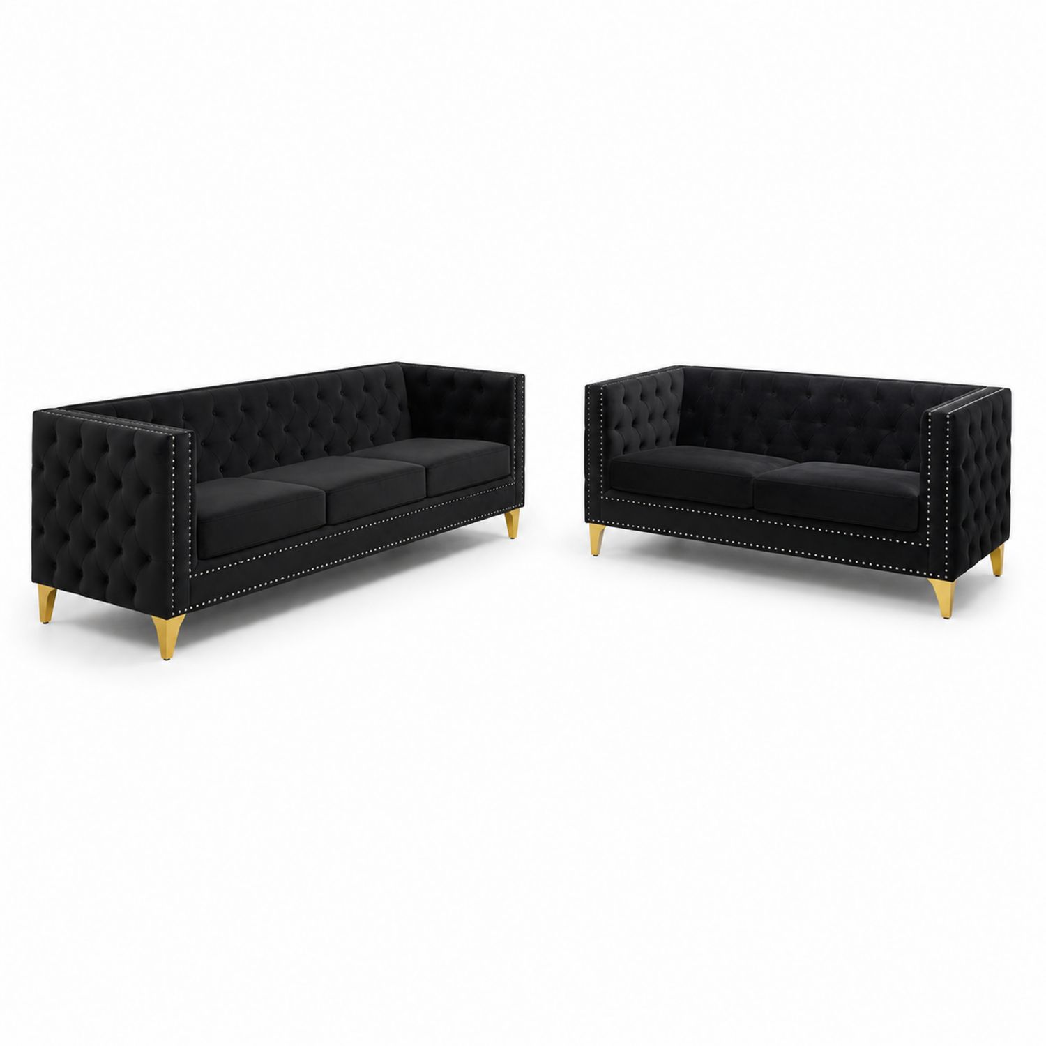 Zestaw Sofa i Kanapa Welurowa Czarna ze Złotymi Nóżkami
