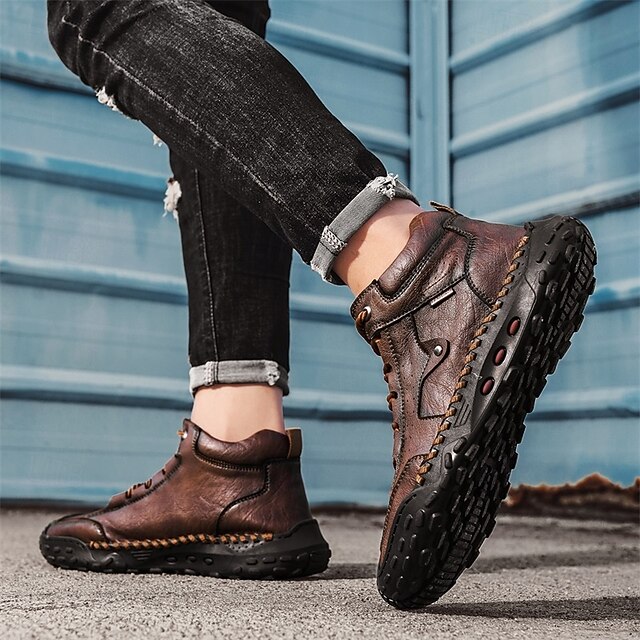 Men's Brown Faux Leather Outdoor Trail Boots with Durable Rubber Sole and Stitched Detailing, Comfortable Casual Work Boots for Hiking and Daily Wear