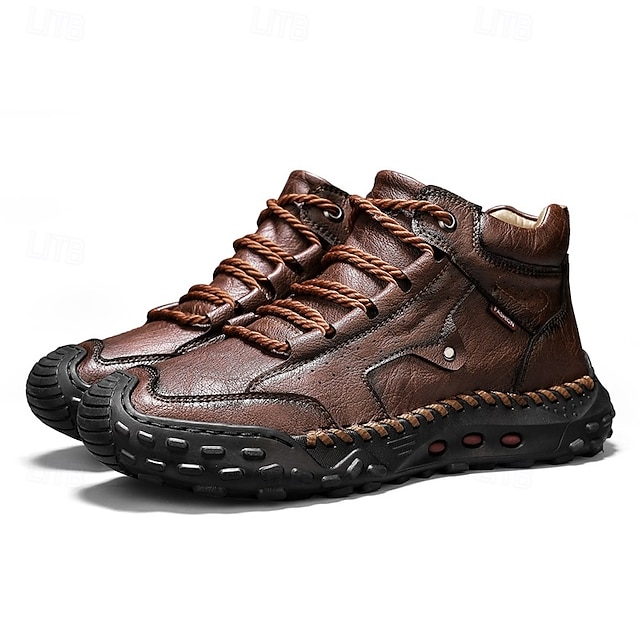 Men's Brown Faux Leather Outdoor Trail Boots with Durable Rubber Sole and Stitched Detailing, Comfortable Casual Work Boots for Hiking and Daily Wear