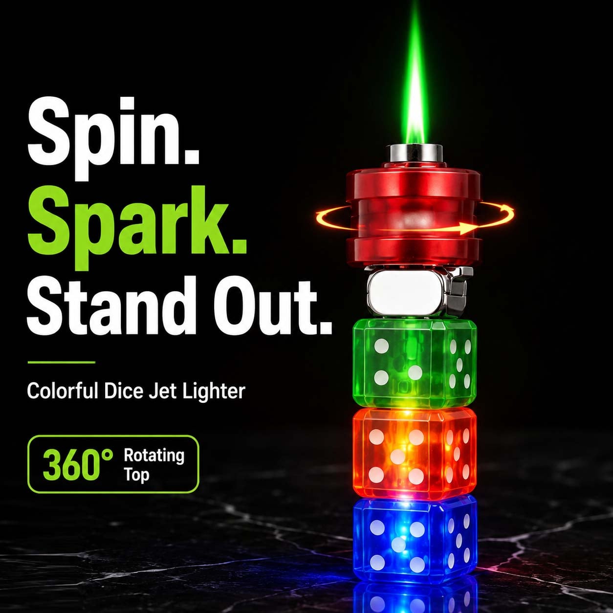 🎲 360° Spinning Dice Lighter 🔥 Windproof Jet Blue Flame, LED, Refillable EDC Gadget(Free of butane gas)