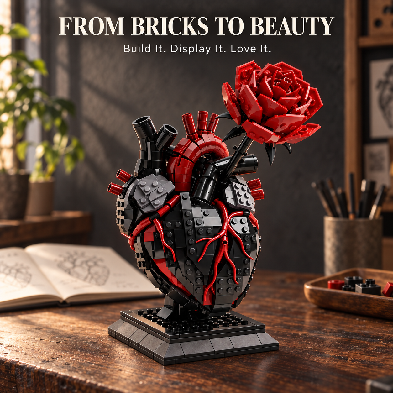 【🖤 My Heart Is Still Yours】 🫀 – Gothic Flaming Heart & Rose Building Block Set 🌹 | Forever Love Gift