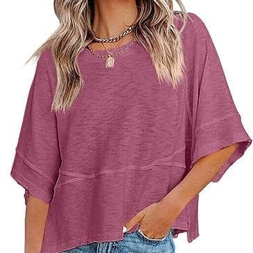 🎁BUY 2 GET FREE SHIPPING - Women's Summer Casual Crewneck Batwing Half Sleeve T-Shirts Solid Color Loose Fit Cute Basic Flowy Tops Tees Blouses