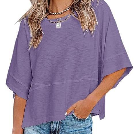 🎁BUY 2 GET FREE SHIPPING - Women's Summer Casual Crewneck Batwing Half Sleeve T-Shirts Solid Color Loose Fit Cute Basic Flowy Tops Tees Blouses