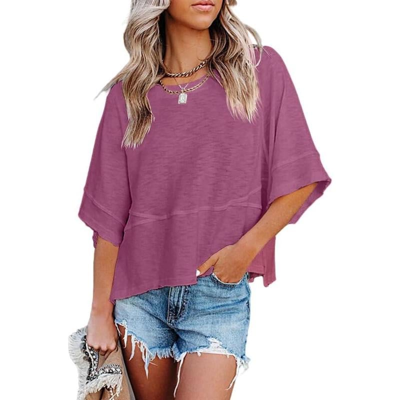🎁BUY 2 GET FREE SHIPPING - Women's Summer Casual Crewneck Batwing Half Sleeve T-Shirts Solid Color Loose Fit Cute Basic Flowy Tops Tees Blouses