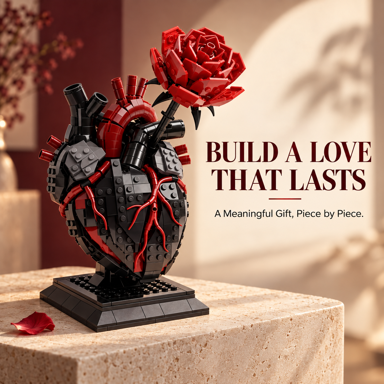 【🖤 My Heart Is Still Yours】 🫀 – Gothic Flaming Heart & Rose Building Block Set 🌹 | Forever Love Gift