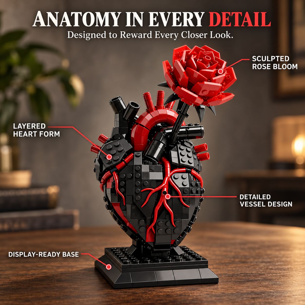 【🖤 My Heart Is Still Yours】 🫀 – Gothic Flaming Heart & Rose Building Block Set 🌹 | Forever Love Gift