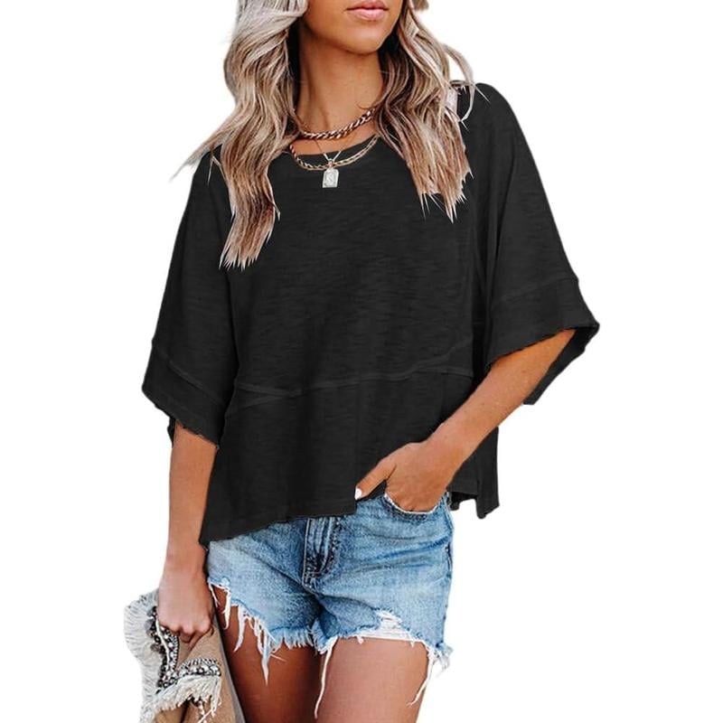 🎁BUY 2 GET FREE SHIPPING - Women's Summer Casual Crewneck Batwing Half Sleeve T-Shirts Solid Color Loose Fit Cute Basic Flowy Tops Tees Blouses