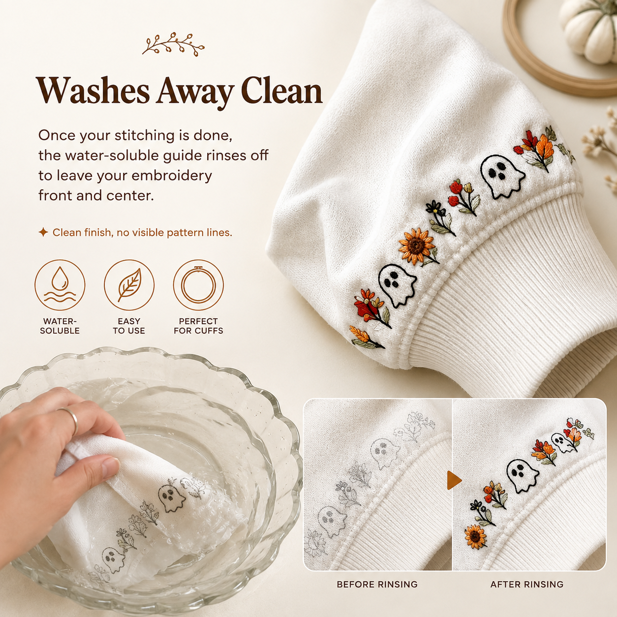 Embroidery guide rinsing away