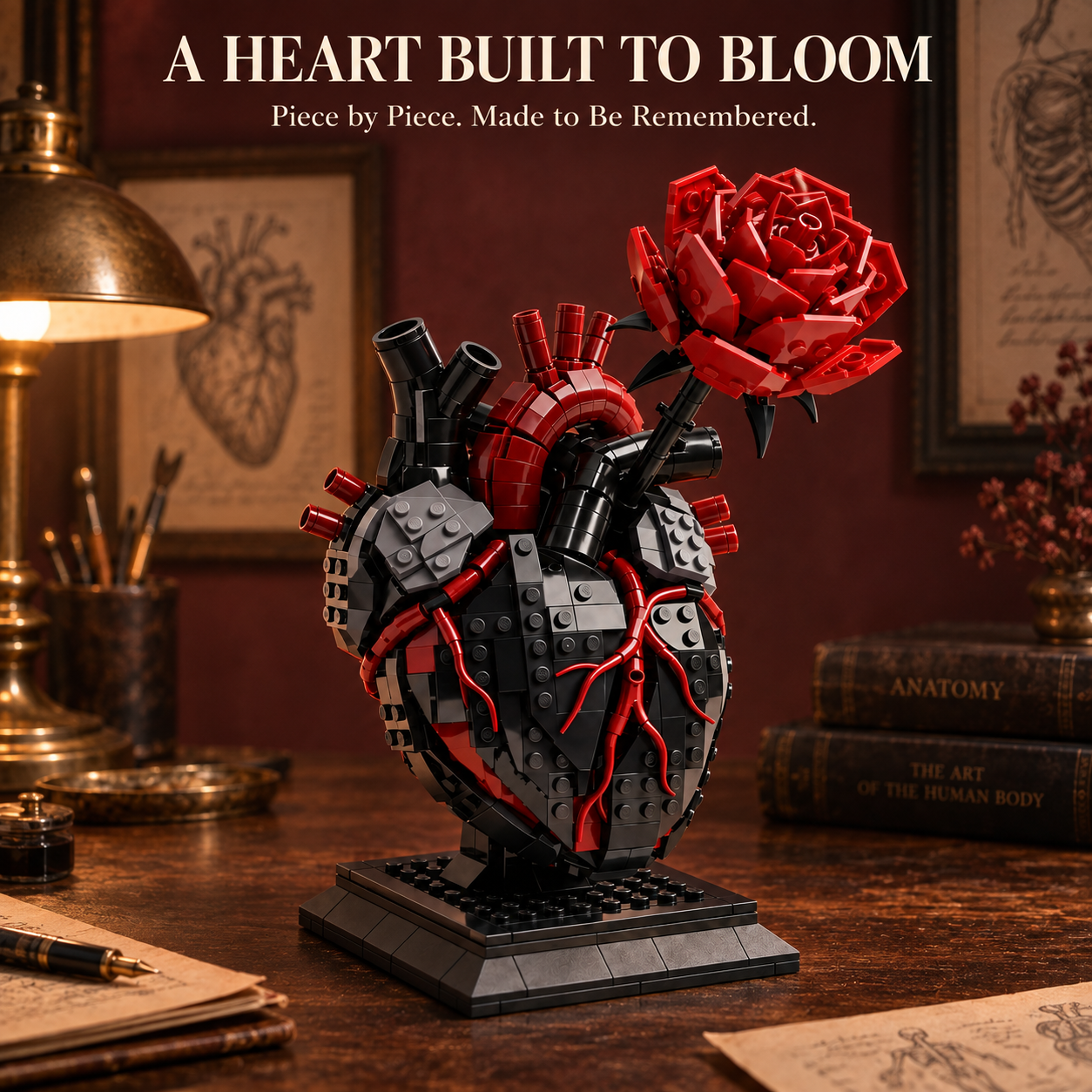 【🖤 My Heart Is Still Yours】 🫀 – Gothic Flaming Heart & Rose Building Block Set 🌹 | Forever Love Gift