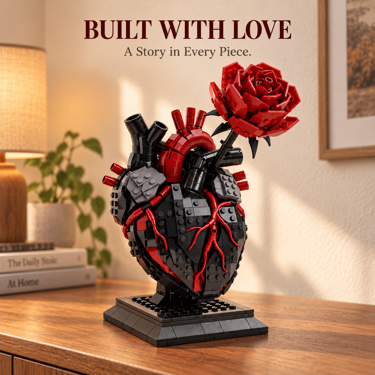 【🖤 My Heart Is Still Yours】 🫀 – Gothic Flaming Heart & Rose Building Block Set 🌹 | Forever Love Gift