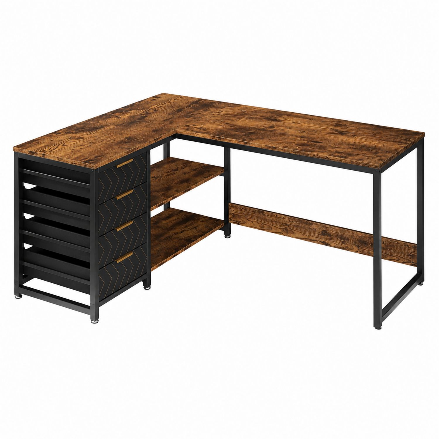 Biurko narożne L 152x130 cm MDF stal brązowe/czarne