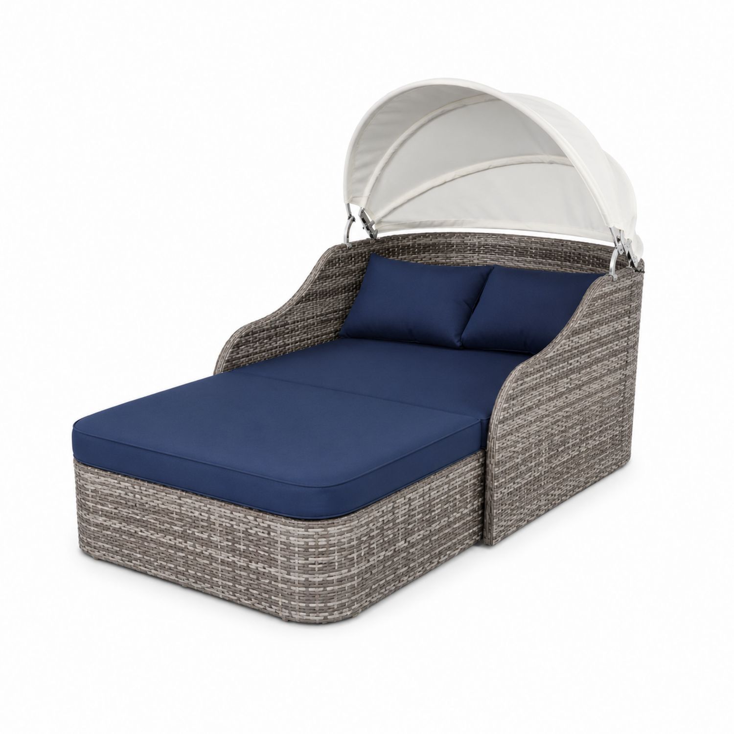 Sofa ogrodowa z baldachimem z technorattanu granatowo-szara 200x140 cm