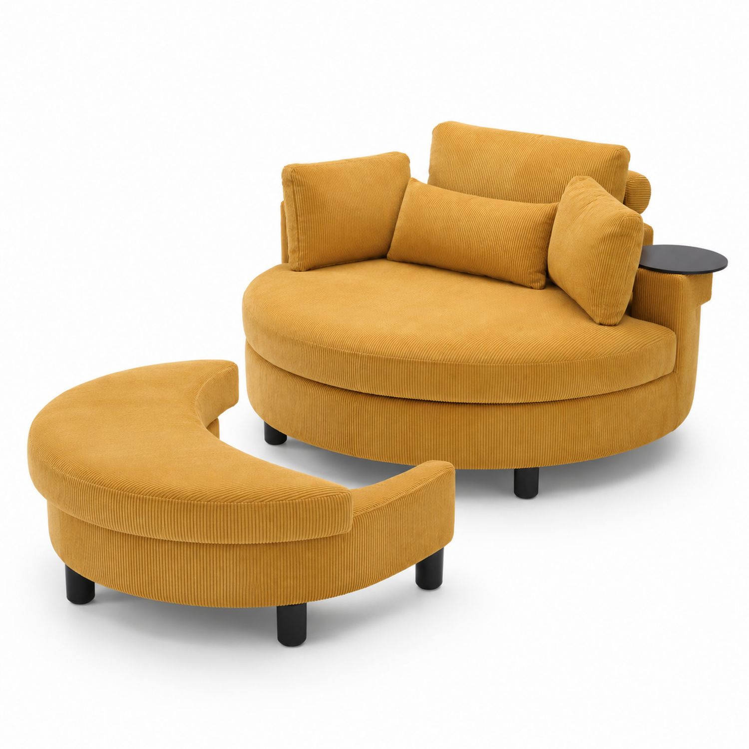 Okrągła sofa z szezlongiem sztruks musztardowy
